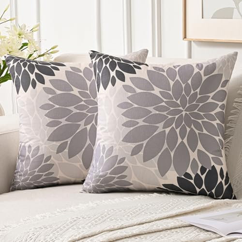 Jayusaror Kissenbezug 40x40 cm Grau Dahlien Sommer Sofakissen Herbst Deko Kissen Bezug Blumen Outdoor Kissenhülle für Couch Sofa Wohnzimmer Kissenbezüge, 2er Set