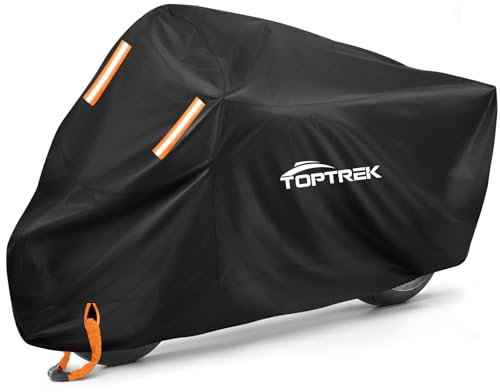 toptrek Motorbike Cover, 210D Oxford XXL Motorcycle Cover Waterproof with Orange Lock Holes and Windproof Buckles, Dustproof UV Protection Scooter Moped Cover for Motorbikes (96.5 x 41 x 50inch)