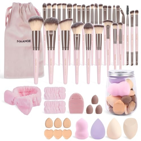MAANGE Makeupborstset, 51 st sminkverktygsset premium syntetisk foundation pulver concealers ögonskuggor rodna sminkborstar (rosa)