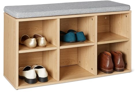 Amazon Basics Shoe Storage Bench with Cushion, Shoe Rack with 6 Compartments, Adjustable Shelves, for Entryway, 87 x 30 x 48 cm, Oak
