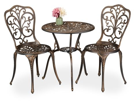 Relaxdays Set da Bistrot da 3, Tavolino da Giardino, 2 Sedie da Balcone, in Alluminio Stile Ferro Battuto, Nero Bronzo