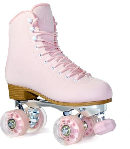 Roller Skates for Women or Men with Height Adjustable Rubber Stoppers Retro Suede Quad Roller Skates for Outdoor and Indoor (Pink, 7)