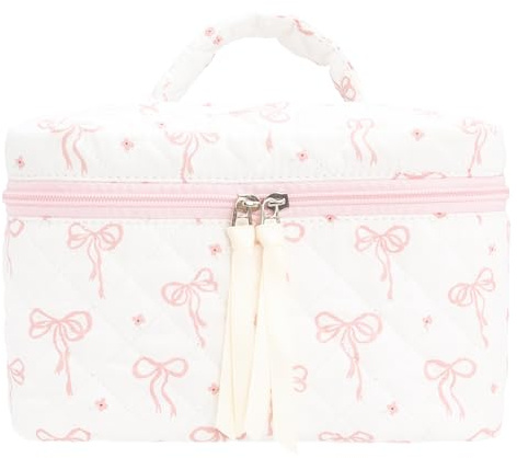 Quilted Makeup Bag for Women, Travel Cosmetic&Toiletry Bag,Bow Pink | Cute Zipper Makeup Organizer for Cosmetics, Toiletries,Skincare, Makeup Brushes, Beauty Essentials, Travel Accessories&Gifts