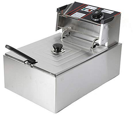 Freidora de aceite de acero inoxidable, 2500 W, 5,5 L, calentamiento rápido, zona fría y termostato de seguridad, con tapa, pies antideslizantes, ideal para cocina profesional