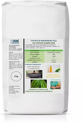 25kg Sel d'Epsom Alimentaire, Sulfate de Magnésium 7H2O, Pour Soins Personnels, Jardinage et Usage Ménager