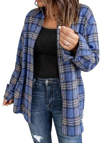 Fisoew Blusas de franela a cuadros de manga larga para mujer con botones Chaquetas camisas casuales de manga larga, azul, L