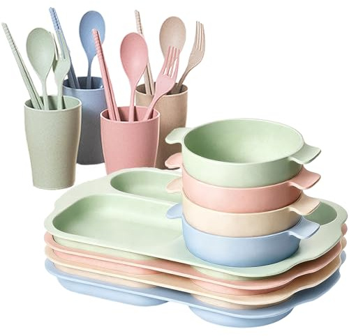 Yeqqzq 24 Pcs Dinnerware Cutlery Set, Unbreakable Dinnerware Sets, Including Kids Toddlers Divided Plates, Bowls, Cup, Cutlery Spoons Knifes Forks, BPA Free, Microwave Dishwasher Safe