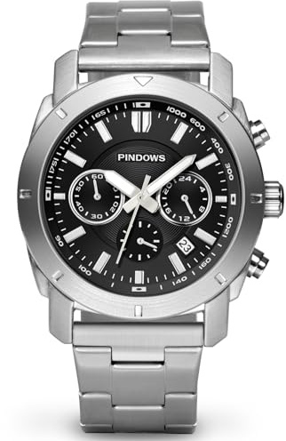 PINDOWS Herrenuhren, Herren-Chronograph, großes Zifferblatt, modische Quarzarmbanduhr mit Edelstahl- oder Lederarmband