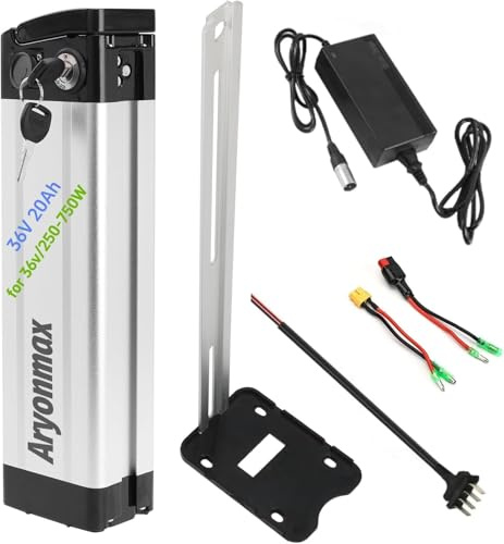 Ebike Battery 36V 20Ah with Fast Charger Safety Lock, Long Range Removable Lithium Electric Bike Battery Silver Fish
