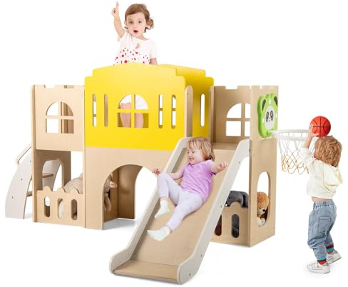 COSTWAY 7 in 1 Set da Scivolo per Bambini, Parco Giochi in Legno Interno ed Esterno con Arrampicata Canestro da Basket Corridoio Tunnel, Forma di Castello per Bambini 3 Anni +