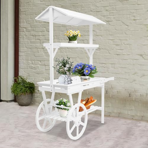 BGSHKAL 3-Tiered Flower Cart Display Stand with Wheels, 52.76*21.26*69.29in Large Country Market Vintage Rolling Table Cart Dessert Candy Carts 55.12 Lbs Capacity Dual Wheels Push Handle Grid Shelves