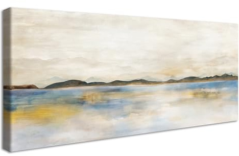 Canvastryck Med Ram Akvarell Gul Blå Beige Pastell Målning Landskap Neutral Berg Canvas Bilder Moderna Bilder Väggdekoration Vardagsrum Sovrum Hotell 50 x 120 cm