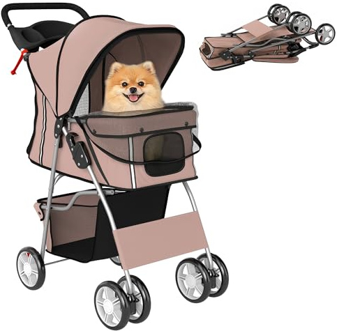 PawHut Carrito para Perros Plegable hasta 10 kg, Cochecito para Perros Pequeños con Ruedas de EVA y Frenos, Cesta de Almacenaje, Ventanas de Malla, Portavasos, Cojín Lavable, 77x44x102 cm, Café