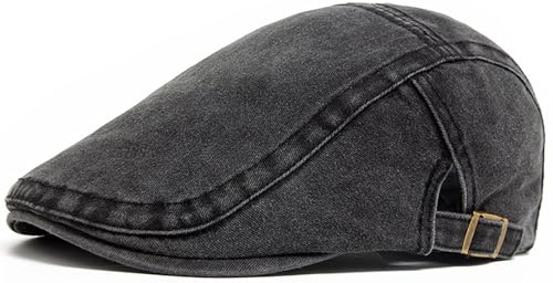 Putcuku Denim Newsboy Hats for Men and Women Adjustable Cotton Ivy Gatsby Cap Vintage Cabbie Driving Hat Flat Cap (Black)
