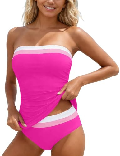 Genérico Bañador Mujer Bikini Talla Grande Talla Grande Reductores Tankini Push Up con Relleno Elegante Sin Tirantes Top con Aros Bañadores Rosa Intenso L