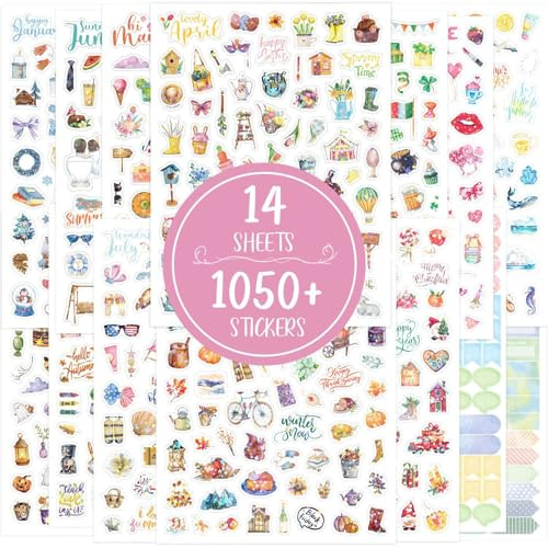 Goiern Set de Pegatinas de Estaciones 14 Hojas, más de 1050 Pegatinas Brillantes de Estaciones para Scrapbook, álbum de Fotos, Bullet Journal, DIY, 215 x 160 mm, Autoadhesivas