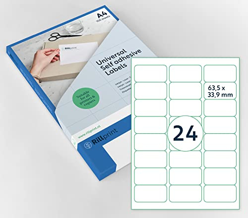 Rillprint Étiquettes auto-adhésives | 2400 étiquettes | 63.5 x 33.9 mm | 24 étiquettes imprimables par feuille A4 |Expédition, prix étiquette collante pour imprimante à jet d'encre et laser