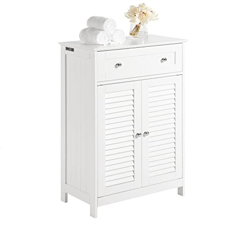 SoBuy Bathroom Storage Cabinet 60cm Wide with Magnetic Louvered Doors | Freestanding Bathroom Cabinet with Drawer, Moisture Resistant Cupboard for Small Spaces, White, W60xD35xH87cm, FRG238-W