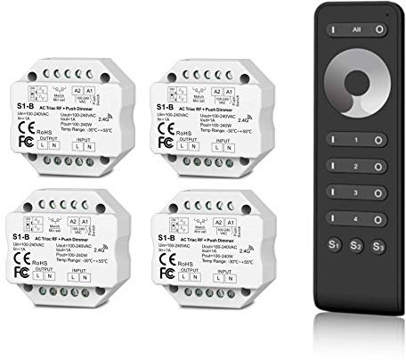 Universal Funk-Dimmer + Wifi 230V Set mit Gruppenfernbedienung, Steuerung von LED, Halogen, Glühbirnen - elektronischer Dimmer kompatibel mit Tastschalter (4x Dimmer, Unterputz-Dimmer)