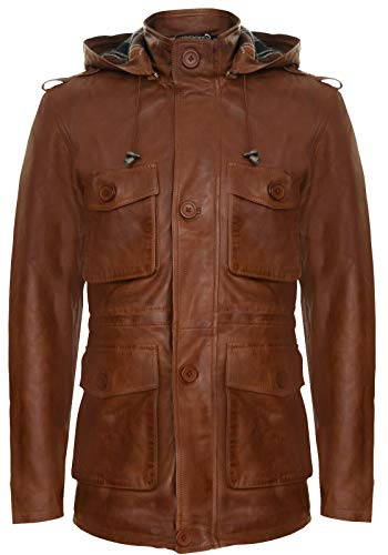 Infinity Leather Trench Multitasche Uomo di Pelle Marrone Chiaro con Cappuccio e Coulisse M