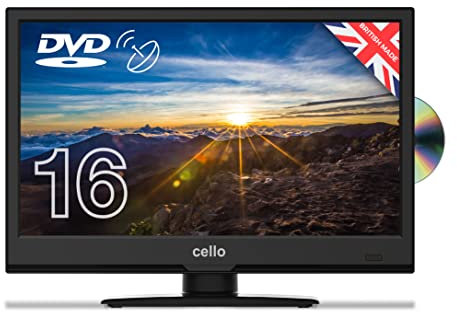 Cello 12 Volt C1620FS 12 Volt 16 inch Full HD LED Digital TV Built-in DVD Freeview HD and 12 volt Adaptor, Built in satellite receiver with HDMI and USB for recording from Live TV, Made In The UK