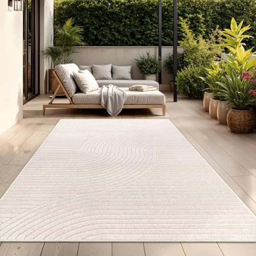 TT Home Outdoor Teppich 120x170 cm Creme, Wetterfest & Robust, Modernes Boho Skandi Design mit 3D-Optik, für Flur, Küche & Terrasse