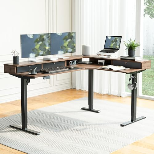 FEZIBO 160 x 120 cm L Shaped Corner Stand up Electric Height Adjustbale Standing Desk with 3 Drawers, with Splice Board, Black Frame/Black Walnut Top