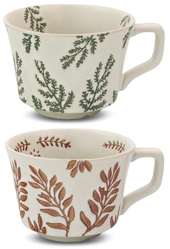 LINVIA Ceramic Coffee Mug, 11 oz Small Novelty Unique Teacup with Handle, Stoneware Cup for Tea Mocha Latte Cappuccino (Set of 2, Ivy and Leaf)