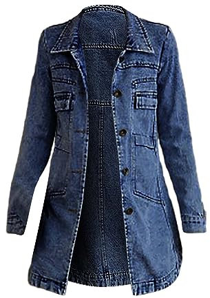 Nidddiv Long-Sleeved Denim Jackets Women's Slim Single-Breasted Long Trench Coats for Women UK Fashion Lapel Overshirt Lightweight Overcoat Fashion Ladies Cardigan Outerwear Dark Blue