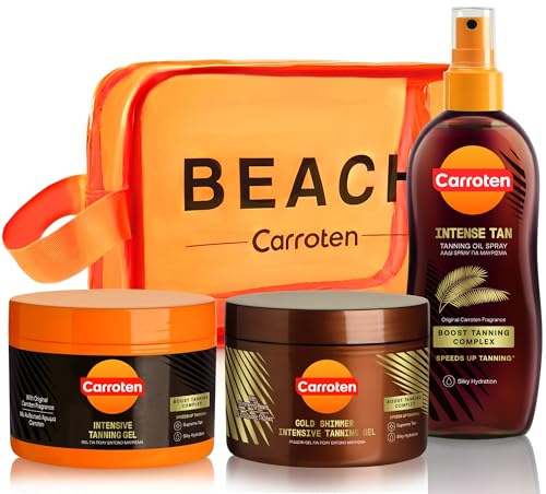Carroten Set de 3 Aceleradores del Bronceado – Pack con Gold Tanning Gel 150 ml, Intensive Tanning Gel 150 ml y Aceite Bronceador Intensivo 150ml – Incluye Neceser Práctico
