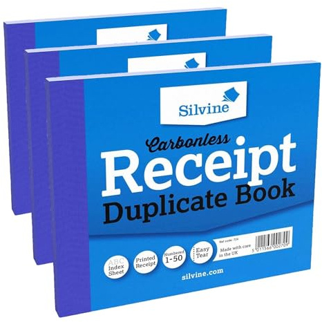 Silvine 5x4 Carbonless Duplicate Receipt Book - Numbered 1-50 with Index Sheet (Pack of 3)