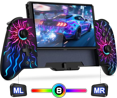 Gammeefy Switch Controller – Hall Effect Joysticks & Enhanced Grip – One Piece Switch Joypad Replacement Switch Pro Controller with 8-Color RGB Lighting, Turbo, Macros -Multi-Colored Sunburst, 6.2/7