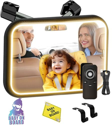 SHEGZHUC Specchio per auto con luce a 360° con telecomando per specchietto retrovisore per auto, sedile posteriore con clip in metallo per neonato + 2 adesivi Baby on Board e 2 ganci per poggiatesta