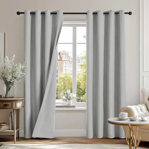 Deconovo Double-sided Microfiber Fabric Total Blackout Curtains 90 Drop Noise Reducing Eyelet Curtains for Bedroom Windows, Grey W52 x L90 inch, 2 Panels