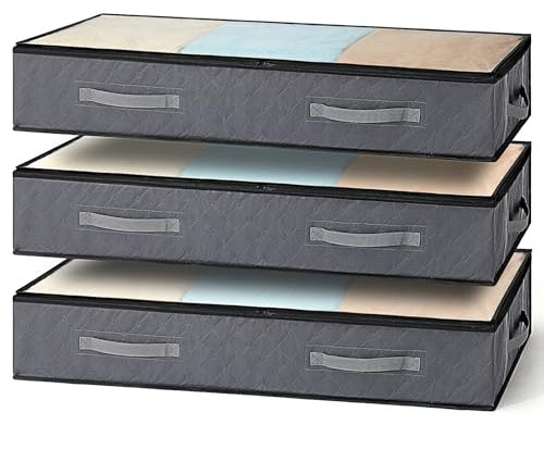 Auveir 3 Stück Unterbettkommode, Unterbett Aufbewahrungsbox mit Deckel 90L, Faltbare Aufbewahrungstasche mit Reißverschluss und Griffen, Ideal für Bettdecken, Kleidung und Kleideraufbewahrung