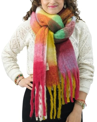 XIFRIKA Bufanda de Mujer para Invierno Tamaño XXL 248x39cm de Cuadros Rosa, Verde y Amarillo. Bufanda Suave, Cálida, Extragrande. 100% Poliéster con Flecos para Uso Diario