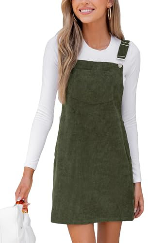 CUPSHE Damen Cord Latzkleid Ärmellos Herbst Quadratischer Ausschnitt Hosenträger Knöpfe Freizeitkleider mit Taschen Mini Dress Olive M