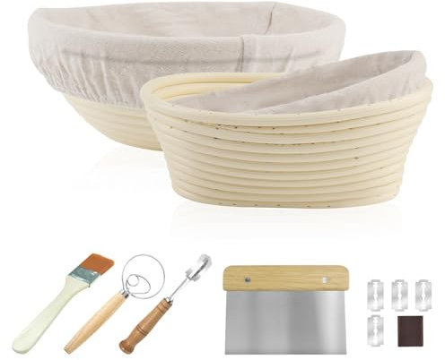 RYAN Cestino Lievitazione Pane 2 Pezzi Cestino Pane in Rattan Naturale Con Impastatrice Fodera di Lino Raschietto per Impasto di Pane Pizza e Pasticceria (Rotondo da 23 cm e Ovale da 21 cm)