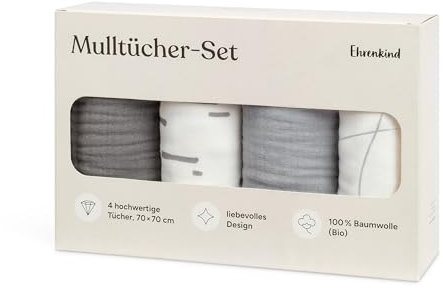 Ehrenkind® Mulltücher Baby 70x70 cm Premium Spucktücher für Neugeborene | Weiche Musselintücher im 4er-Set | Perfekt als Neugeborenen Geschenk & Baby Erstausstattung | Hellgrau