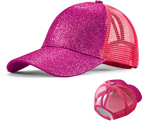 Gorra de Béisbol para Niñas Transpirable Ajustable Gorra de Béisbol de Cola de Caballo Sombrero de Sol de Verano para Deporte Vacaciones Playa Rosa roja