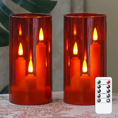 Zevanor 3 in 1 Flameless Taper Short Candles with 10 Key Remote Control and Timer, Battery Operated Pack of 2 LED Acrylic 7.5cm x15cm Red Pillar Flickering Warm Light