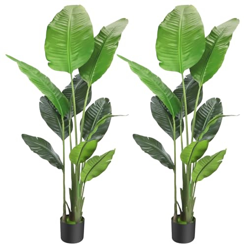 Artificial Bird of Paradise Plant 160CM Artificial Plants Indoor Outdoor Fake Tropical Banana Palm Tree with Lifelike Leaves, Perfect Faux Plants in Black Pot Outdoor Home Office Decoration 2 Pack