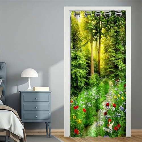 Surwin Türvorhang Blickdicht mit Ösen, Vorhang Thermovorhang Kälteschutz Verdunkelungsvorhang Gardinen Wohnzimmer für Schlafzimmer Blackout Garderobenstangen -Wald (Blumen,120x200cm)