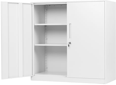 Chiidou Metal Storage Cabinet with Lock, 3-Tier Adjustable Shelving Filing Cupboard Unit for Office Files, Home Garage & School Organisation White