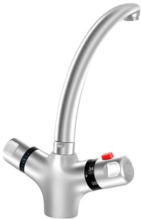 Robinet de lavabo en laiton massif - Mitigeur thermostatique en acier inoxydable - Robinet de salle de bain avec double poignée - Pour salle de bain et cuisine - Pivotant à 360°