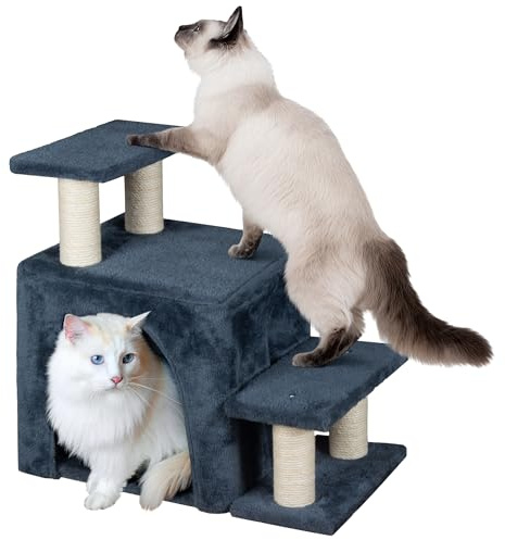 Fantasreen Dog Stairs & Cat Scratching Post, 19.5'' Tall Pet Steps with Condo, Transformable Ramp Holds up to 200 lbs, Indoor Cat Ladder for High Bed, Soft Plush, 3 Steps, 3 Options, Blue Medium