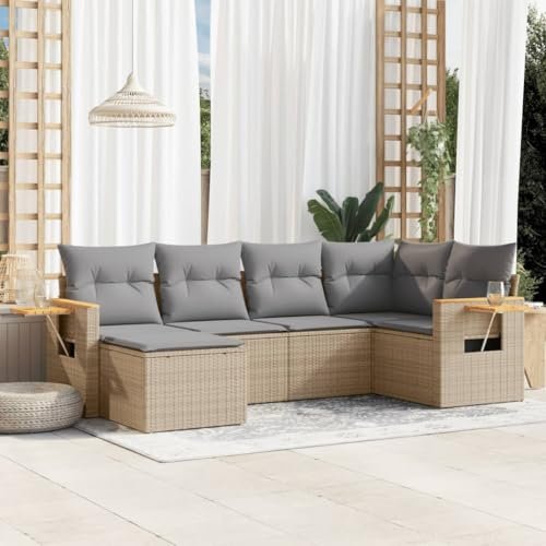 Qnhdfrt Set di 6 divani da giardino, in rattan sintetico, beige, con cuscino, spazio di archiviazione e tavolo pieghevole, per terrazza, balcone, giardino