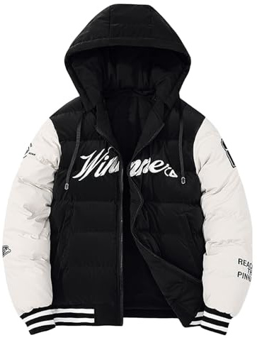 Generisch Giacca invernale da uomo in stile college – Bomber imbottito con cappuccio | Giacca trapuntata con maniche a contrasto, Stil_k01 nero, L