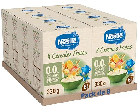 NESTLÉ 0%0% Papilla 8 Cereales con Fruta 330g, sin azúcares añadidos ni producidos, a partir de 6 meses, pack de 8