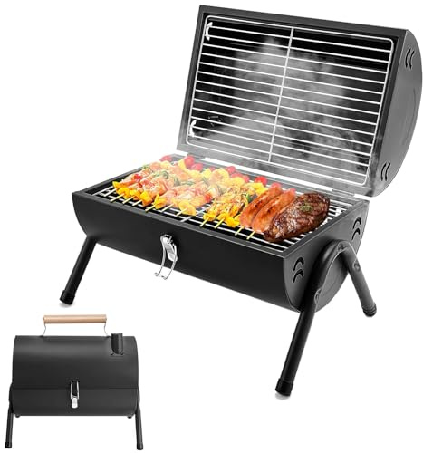 Barbacoa de carbón vegetal, pequeña, plegable, doble superficie de barbacoa, barbacoa, mini barbacoa con tapa, barbacoa portátil, para exteriores, camping, balcón, picnic y barbacoa (50 x 37,5 cm)